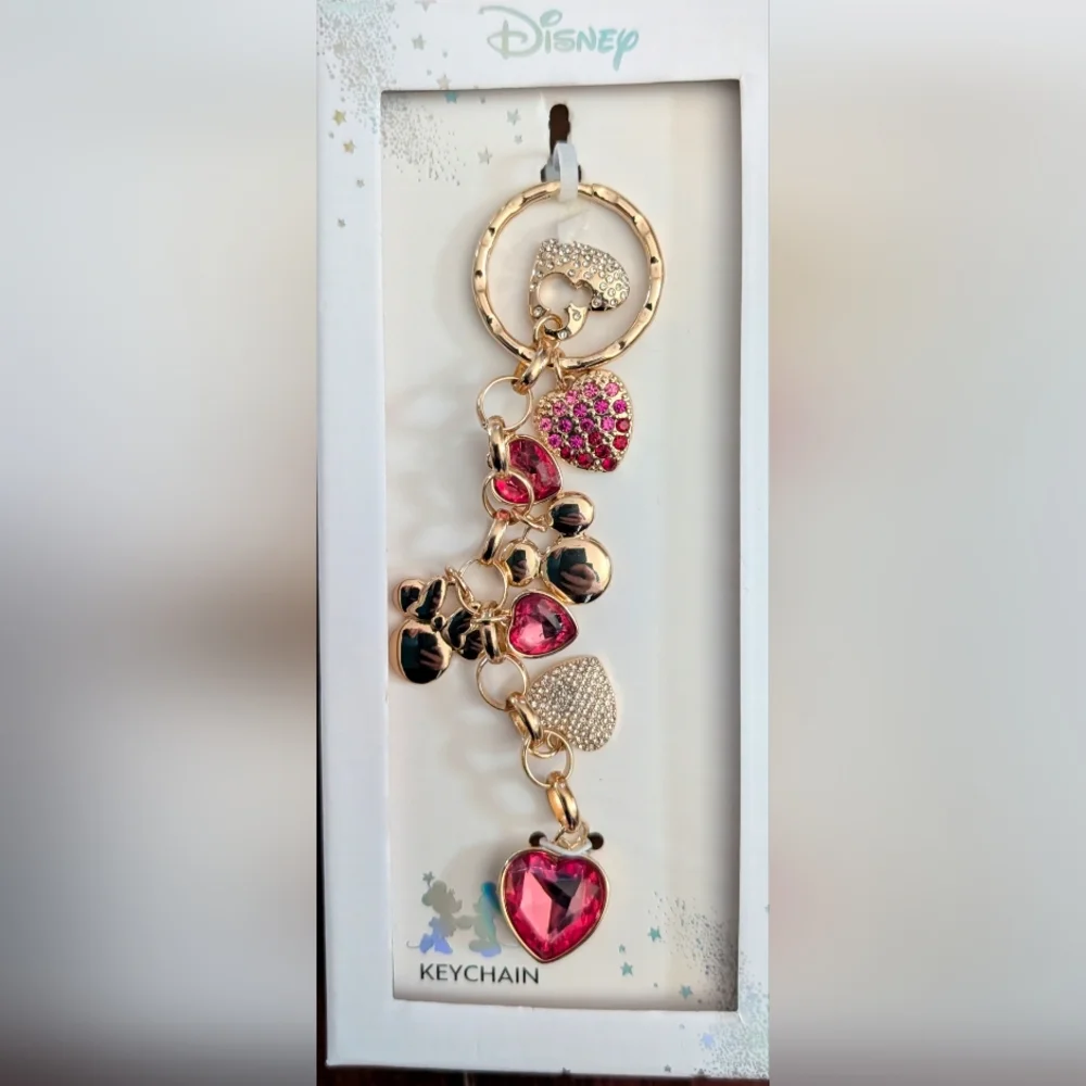 Disney Minnie Mouse Gold and Pink Heart Charm Keychain
